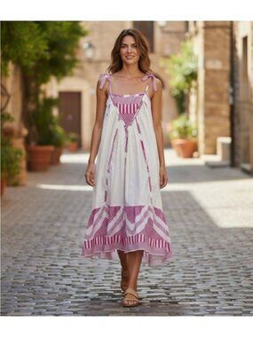 Boho White & Magenta Maxi Dress Adjustable Spaghetti Straps Striped Hem Graphic